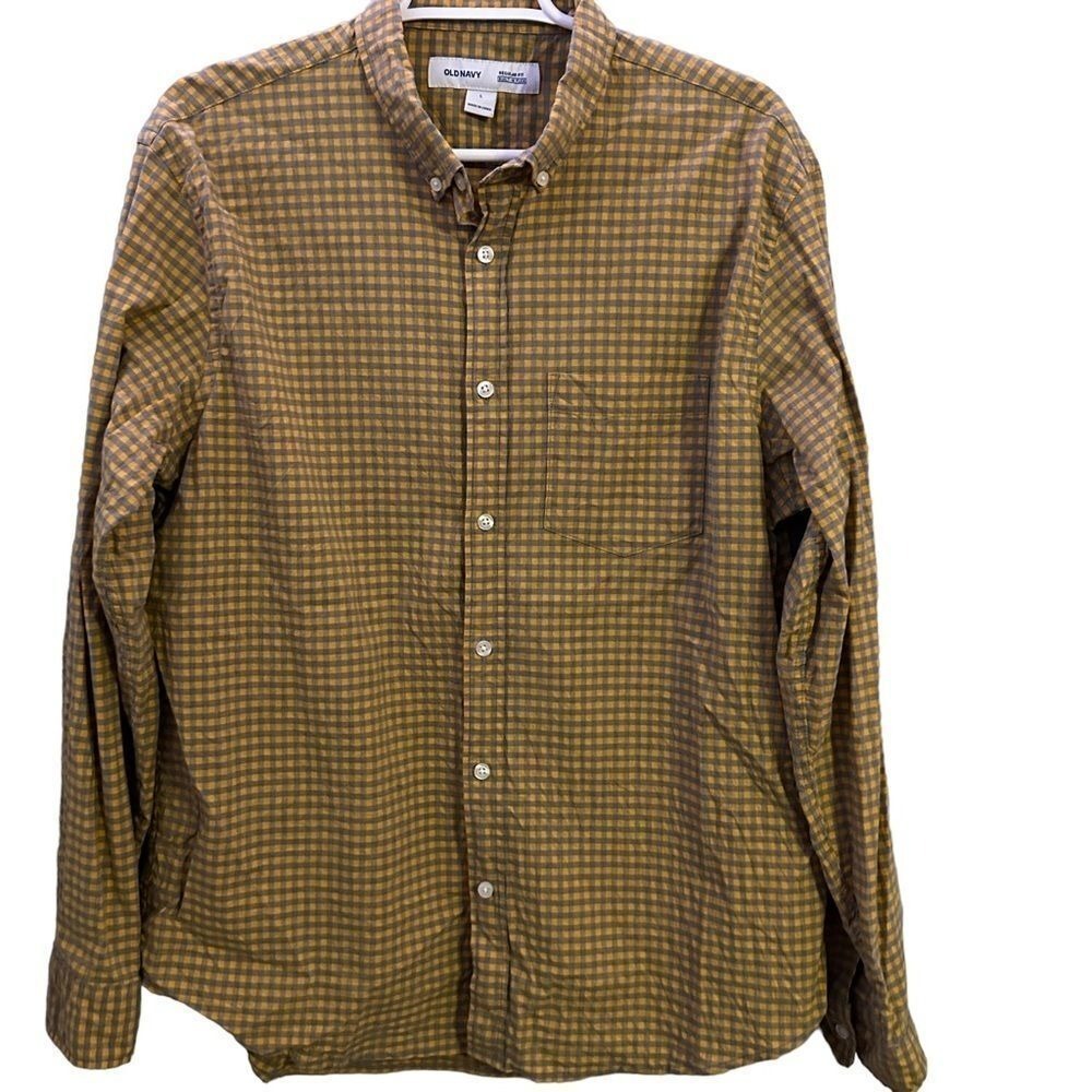 Old Navy Shirt Mens Large Regular Fit Built In Flex Yellow Gingham Long Sleeve‎